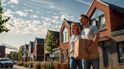 a young couple smiling and holding moving boxes, standing in front of a new Dutch house