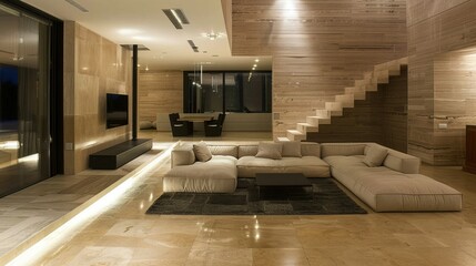 In a travertine house, the interior of the comfortable contemporary living room exudes warmth and sophistication.