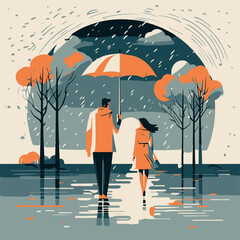 Couple walking in the rain. Vector illustration in flat style.