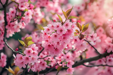 a cherry blossom tree with pink flowers and green leaves