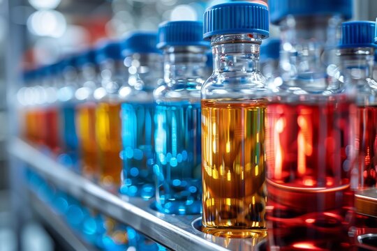The image displays a neat row of laboratory vials filled with vivid, colorful chemical solutions in a scientific setting