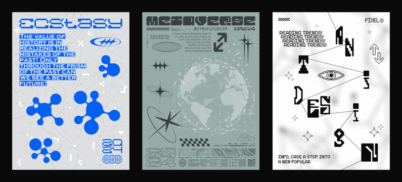 Stylish posters Y2K and retrofuturism. Acid retro cards, flyers, t-shirt print, poster in Y2K, retro futuristic style. HUD elements, digital lettering, pixel. Typography graphic set 00s, 90s. Vector