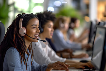 A group of people in a call center answering customer inquiries - obrazy, fototapety, plakaty