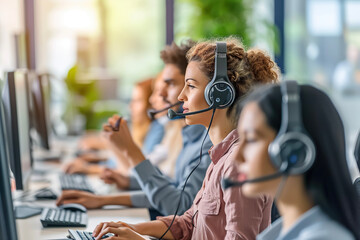 A group of people in a call center answering customer inquiries