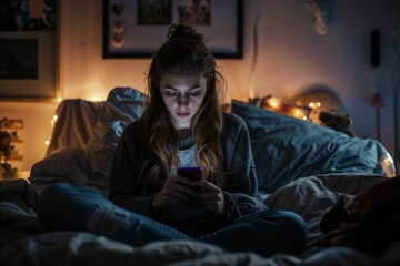 Teenage girl addicted to her phone a the dark bedroom - obrazy, fototapety, plakaty