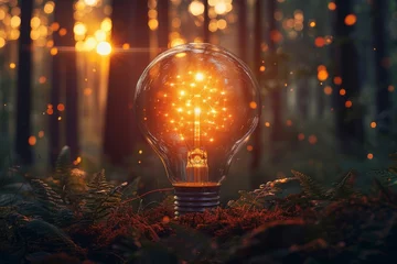  A creative and enchanting image of a light bulb glowing brightly among a mystical forest ambiance © svastix