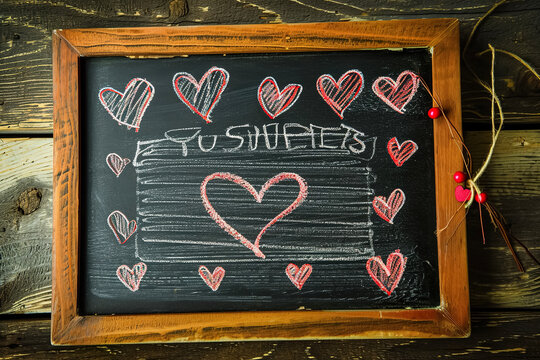 A love note written on a chalkboard with hearts drawn around it