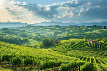 A panoramic view of a beautiful wine region with rolling hills and vineyards