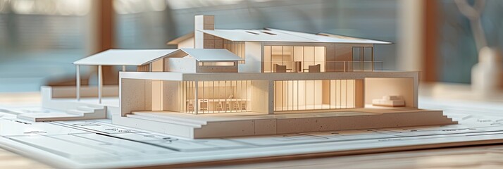 3D model of a house sitting on top of architecture blueprints
