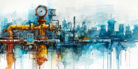 Watercolor Fusion of Industrial Pipes and Valves with Vivid Blue Hues, Generative AI - obrazy, fototapety, plakaty