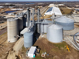 View of grain storage bins from the air