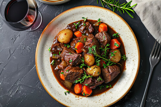A plate of boeuf en daube, a classic French beef stew made with red wine, vegetables, and herbs
