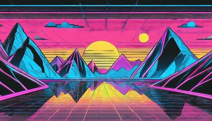 Outrun synthwave style image with sun, mountains, and pink skies - obrazy, fototapety, plakaty
