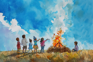 A watercolor illustration of a group of children having a bonfire on Easter, with a beautiful blue sky in the background