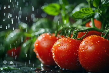Vivid red tomatoes on the vine, covered in raindrops, suggesting fresh, natural produce