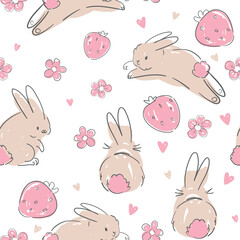 Hand Drawn Cute Bunny and strawberry seamless pattern, Design rabbit illustration, Kids Print Vector