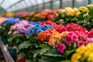 Many colorful blooming flowers in pots are displayed on shelf in floristic store or at street market. Spring planting - obrazy, fototapety, plakaty