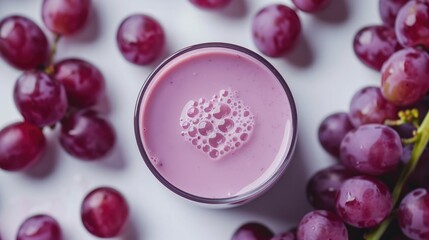 grape milk made from grape juice and whole milk is a delightful soft drink, white minimalist background.
