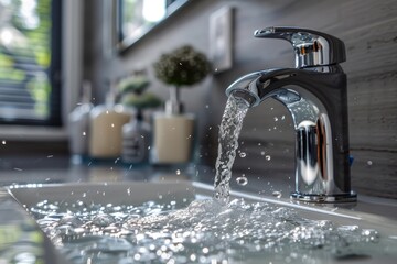 A close-up image of water flowing from a modern, shiny faucet into a kitchen sink, reflecting hygiene and lifestyle