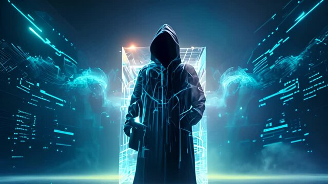 Faceless hacker at work with hacker detected inscription. Hacker attacking system. Computer security concept. Mysterious hacker.