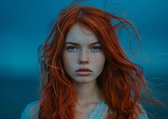 Long red hair, freckles, blue background, woman standing