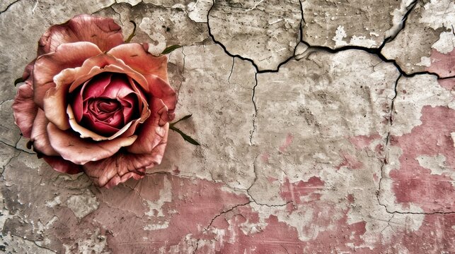 a flower that is sitting on the side of a wall with peeling paint and a crack in the side of the wall.