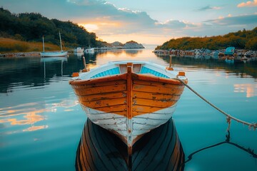 An old wooden boat tied up in serene waters as the sun sets in a picturesque bay with beautiful...