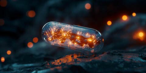 Glowing Capsule on shiny surface with a useful formula for disease cure background banner - obrazy, fototapety, plakaty