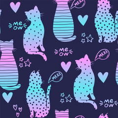 Seamless pattern with silhouette cats and hearts. Cute texture background. Wallpaper for girls. Fashion style