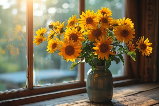 A bouquet of bright yellow sunflowers in a rustic vase sits on a wooden windowsill bathed in sunlight