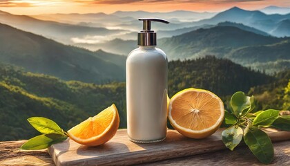 Orange Citrus Lotion bottle - blank bottle with natural ingredients for product mockup template. Lotion shampoo conditioner soap - obrazy, fototapety, plakaty