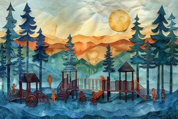 An artistic rendering of a playground scene at dusk. Silhouettes of children and adults, including those on wheelchairs, interact with the playground set against a backdrop of mountains, trees, sun.