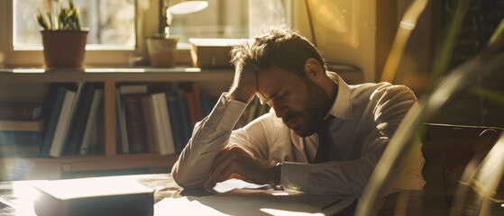 Overworked man asleep at his desk in sunlit office.