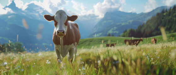 Serene cow in an idyllic Alpine meadow on a sunny day. - obrazy, fototapety, plakaty