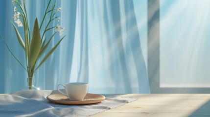 a cup and saucer sitting on a wooden table in front of a window with a blue curtain behind it.
