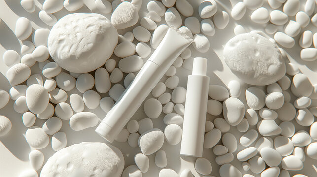 mock up jars of creams on the stone beach, flat ley
