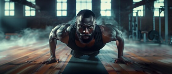 Muscular fitness, determined man doing pushups on wooden floor in dimly lit room with smoke, exemplifying strength and dedication to workout routine.