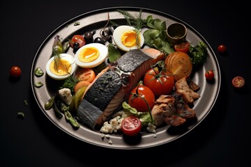 Satisfying Plate rich food. White meal with tasty dish products. Generate Ai