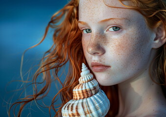 Redhaired woman holds sea shell in hand near cheek