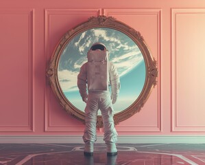 Astronaut gazing to space through vintage framed window. Surreal, fantasy exploration background. - 746111754