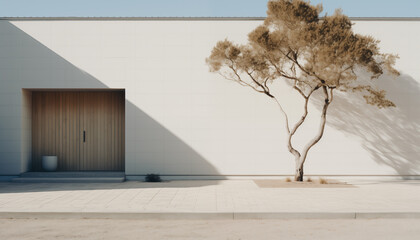 exterior of a minimalist building in Scandinavian style with a beautiful shadow from a tree. 