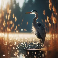 Foto op Canvas Great Blue Heron Sea Bird Wild Animal, Ardea Herodias Perched Standing on Water Dock with High Dry Tall Grass & Pine Trees Limb Growing Behind it Bokeh Background Ready for Summer Flight Wide Wings © Frank