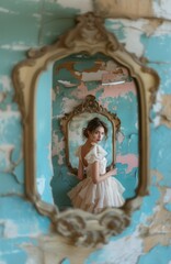 Bride in a white dress standing next to to a mirror in a old ruined room. Elegance and ruggedness contrasting background. - 746111937