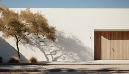 exterior of a minimalist building in Scandinavian style with a beautiful shadow from a tree. 