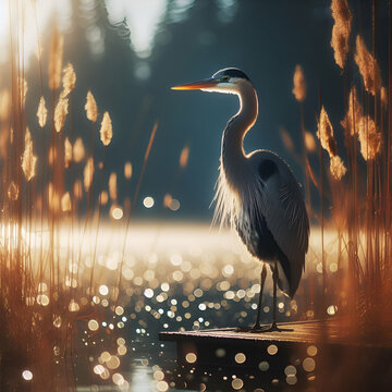 Great Blue Heron Sea Bird Wild Animal, Ardea Herodias Perched Standing on Water Dock with High Dry Tall Grass & Pine Trees Limb Growing Behind it Bokeh Background Ready for Summer Flight Wide Wings