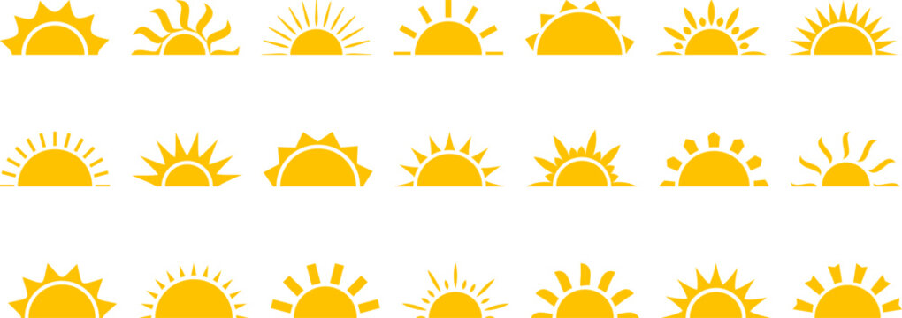 Sun half icon, sunrise ray, morning light, yellow burst, summer symbol. Solar shine isolated on white background. Cartoon vector illustration