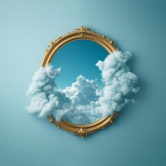 Vintage golden frame with sky clouds entering inside. Futuristic immersive reality background. - 746112155