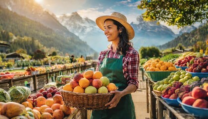 Woman farmer brings fruits, vegetables, and flowers to the farmers market to sell fresh produce - obrazy, fototapety, plakaty
