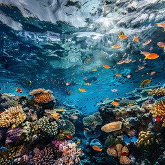 Fototapeta na wymiar Vibrant coral reef teeming with fish under the fluid water