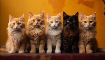 Fototapeta na wymiar cats of different breeds sit next to each other and look at the camera against the background of an orange wall. 